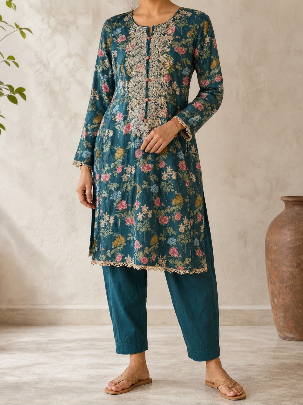 Women’s Floral Embroidered Kurti Tunic Top Teal Long Sleeve Ethnic Size M